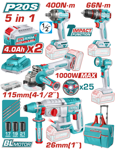 Picture of Lithium-Ion 5Pc Industrial Combo kit (Impact Wrench, Drill, Angle Grinder, Work lamp and Rotary hammer)